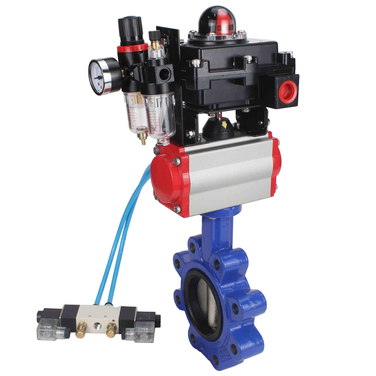 Vanne papillon d'eau Elephant WBV1616N-2W-Fb-H, matériau du corps - fonte QT450, matériau du disque - fonte QT450, joint - NBR, actionneur pneumatique PA-SA avec ressorts de rappel, 4V320-10 220V, BKV APL-410N EX BPV AFC2000