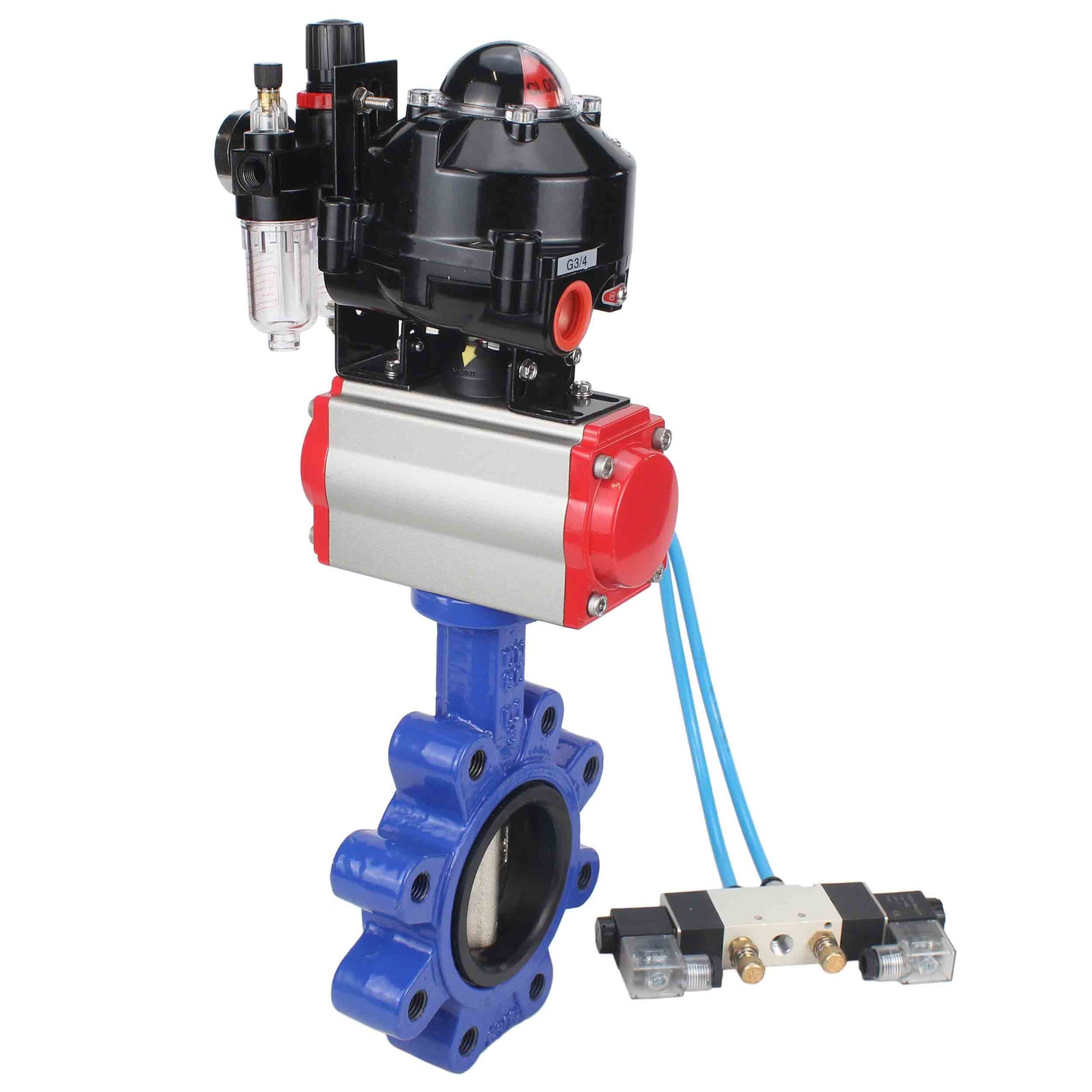 Vanne papillon d'eau Elephant WBV1616N-2W-Fb-H, matériau du corps - fonte QT450, matériau du disque - fonte QT450, joint - NBR, actionneur pneumatique PA-SA avec ressorts de rappel, 4V320-10 220V, BKV APL-510N EX, BPV AFC2000