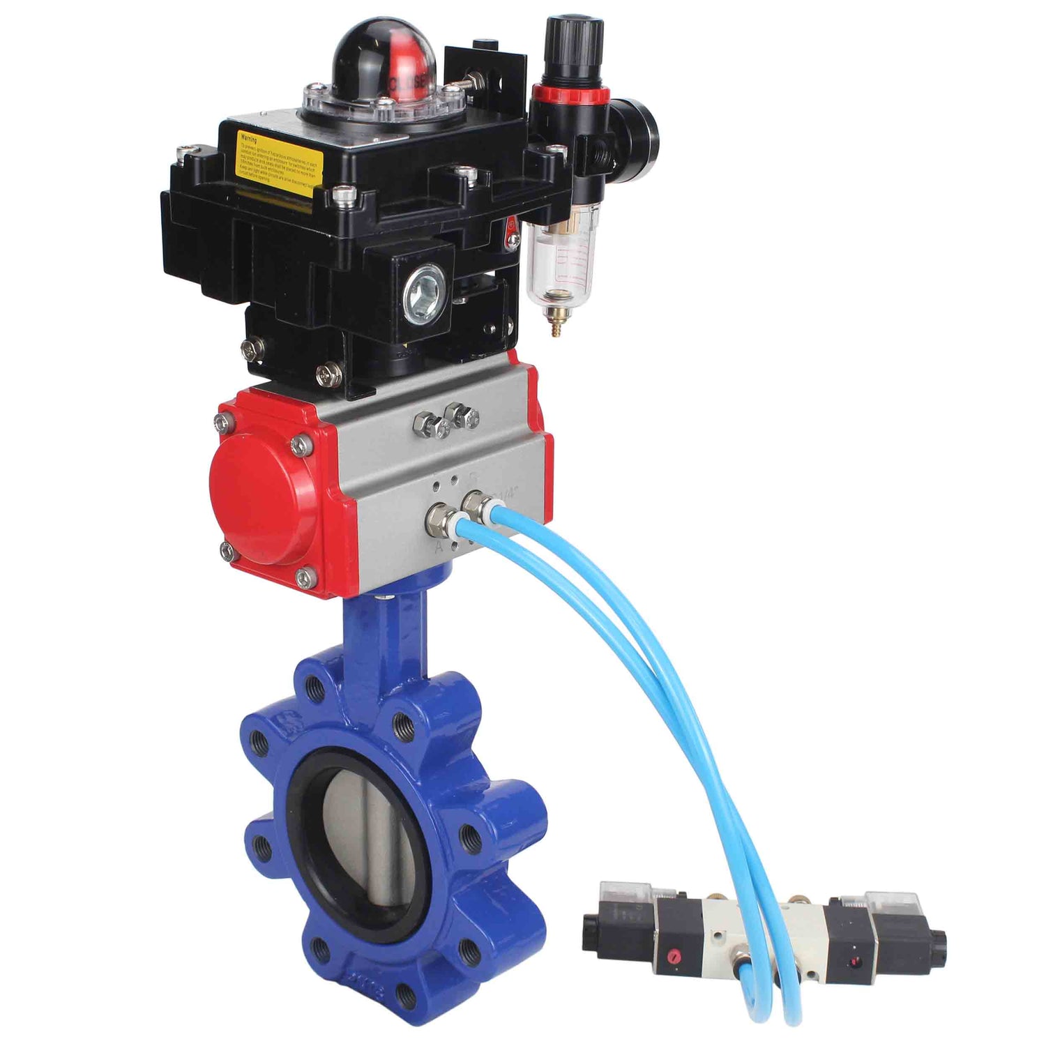 Vanne papillon d'eau Elephant WBV1631E-2W-Fb-H, matériau du corps - fonte QT450, matériau du disque - acier inoxydable AISI 304, joint - EPDM, actionneur pneumatique PA-SA avec ressorts de rappel, 4V320-08 220V, BKV APL-410N EX BPV AFC2000