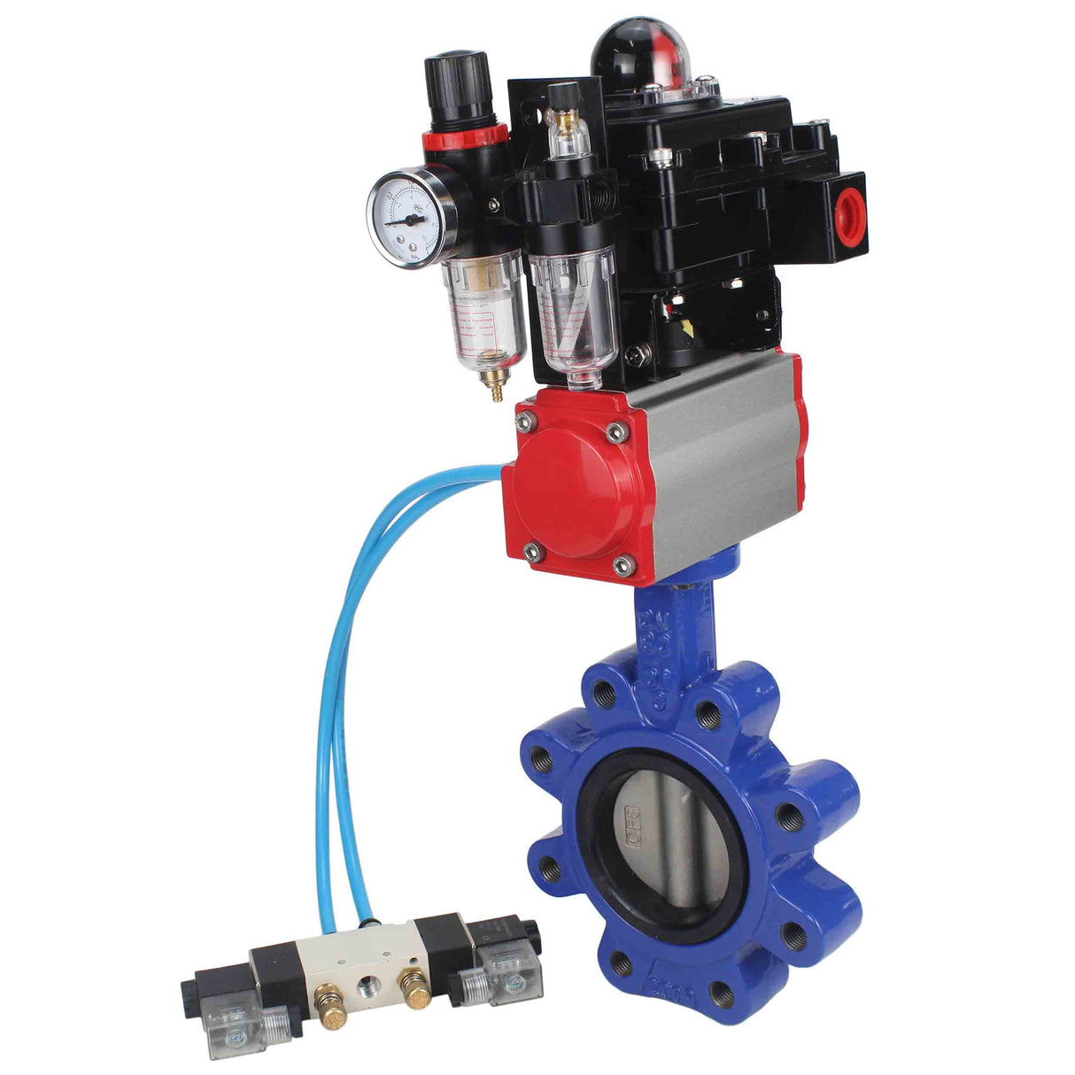 Vanne papillon d'eau Elephant WBV1631N-2W-Fb-H, matériau du corps - fonte QT450, matériau du disque - acier inoxydable AISI 304, joint - NBR, actionneur pneumatique PA-SA avec ressorts de rappel, 4V320-08 220V, BKV APL-410N EX BPV AFC2000
