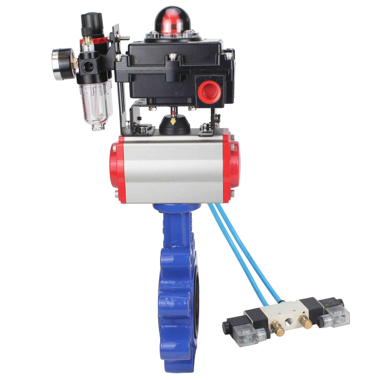 Vanne papillon d'eau Elephant WBV1631N-2W-Fb-H, matériau du corps - fonte QT450, matériau du disque - acier inoxydable AISI 304, joint - NBR, actionneur pneumatique PA-SA avec ressorts de rappel, 4V320-08 220V, BKV APL-410N EX BPV AFC2000