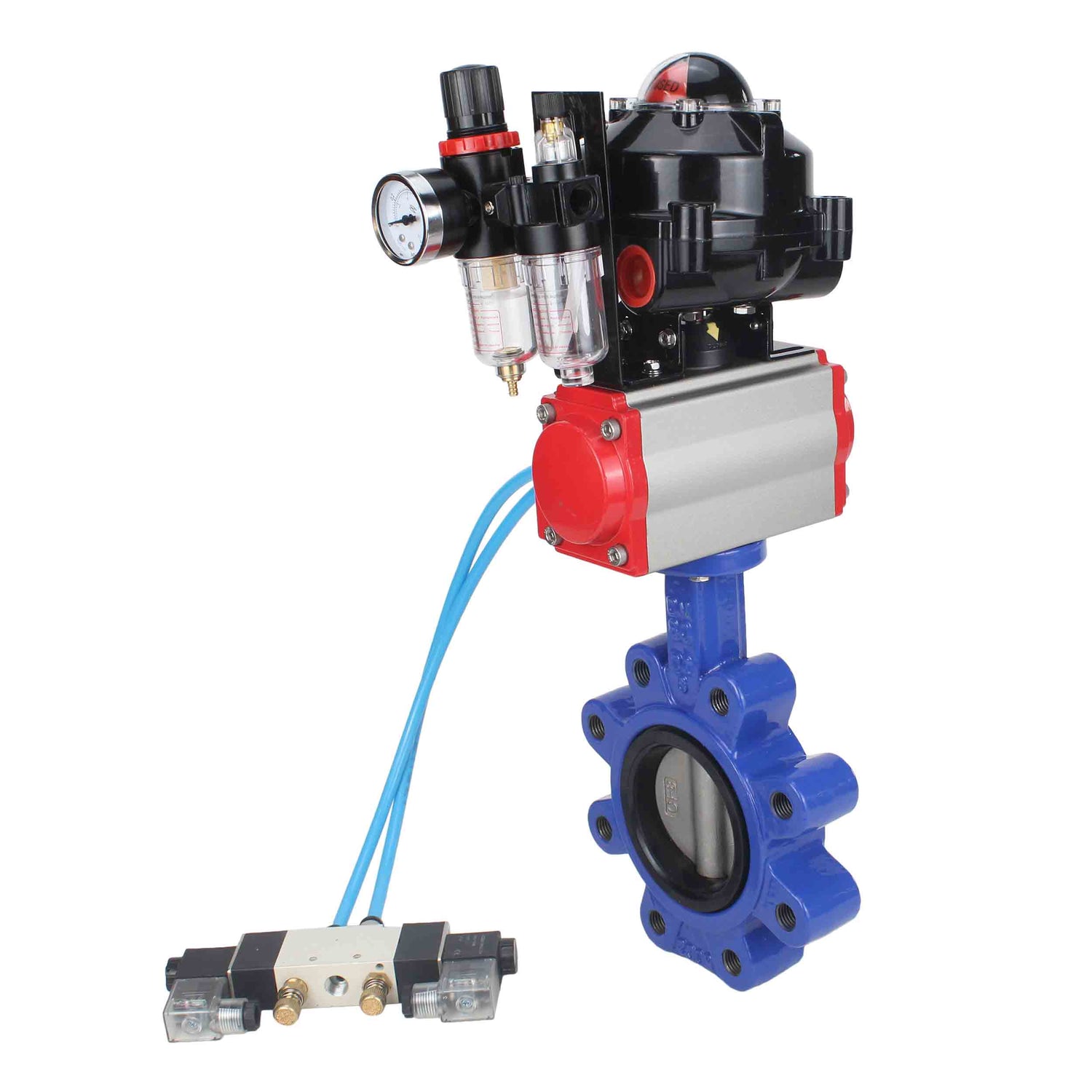 Vanne papillon d'eau Elephant WBV1631E-2W-Fb-H, matériau du corps - fonte QT450, matériau du disque - acier inoxydable AISI 304, joint - EPDM, actionneur pneumatique PA-DA double action, 4V320-10 220V, BKV APL-510N EX, BPV AFC2000