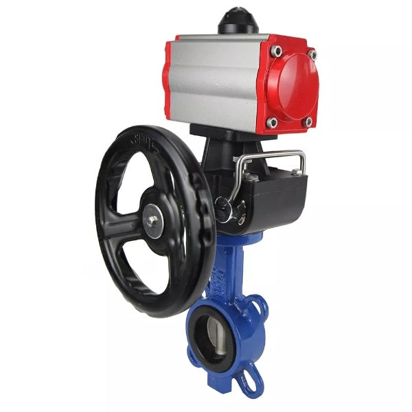 Vanne papillon d'eau Elephant WBV3432N-2W-Fb-H, matériau du corps - acier au carbone, matériau du disque - acier inoxydable AISI 316L, joint - NBR, avec actionneur pneumatique double effet PA-DA, 4V320-08 220V, volant MON