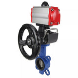 Vanne papillon d'eau Elephant WBV3432N-2W-Fb-H, matériau du corps - acier au carbone, matériau du disque - acier inoxydable AISI 316L, joint - NBR, avec actionneur pneumatique double effet PA-DA, 4V320-08 220V, volant MON
