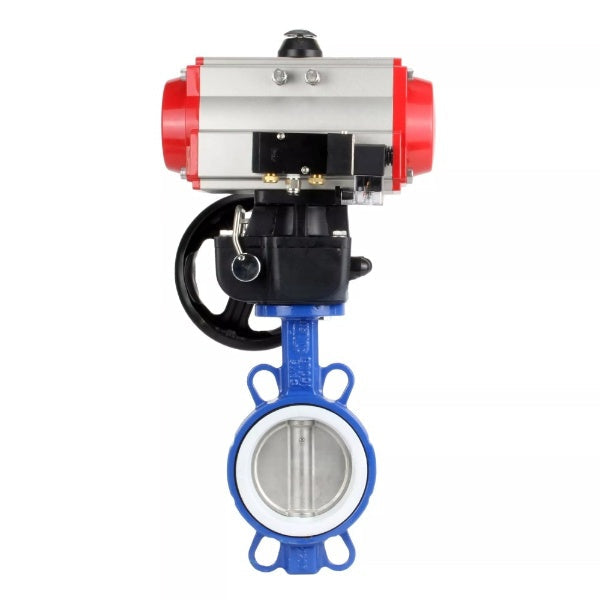Vanne papillon d'eau Elephant WBV3432P-2W-Fb-H, matériau du corps - acier au carbone, matériau du disque - acier inoxydable AISI 316L, joint - PTFE, avec actionneur pneumatique double effet PA-DA, 4V320-08 220V, volant MON