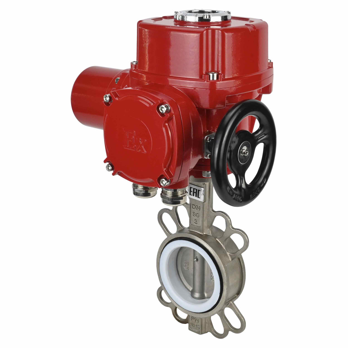Vanne papillon d'eau Elephant 316L-316L-PTFE matériau du corps - acier inoxydable aisi 316l, matériau du disque - acier inoxydable AISI 316L, joint - PTFE avec actionneur électrique 1/4 de tour Elephant QT-W (M) EX 380V